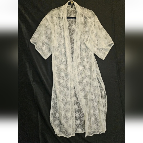 Kimono Duster Cardigan Med Lace Sheer Long Off White Gypsy Boho Western Peasant - Picture 2 of 12